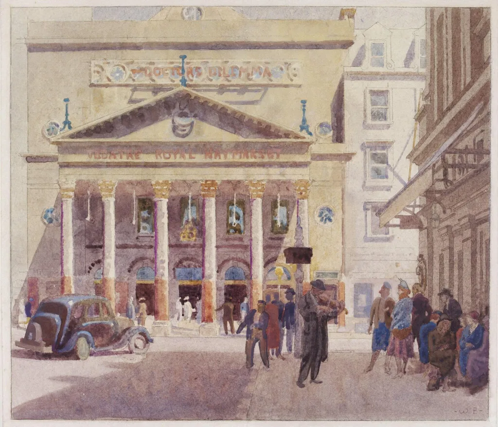 Porch of the Haymarket Theatre, by Bayes, watercolor, 1940
