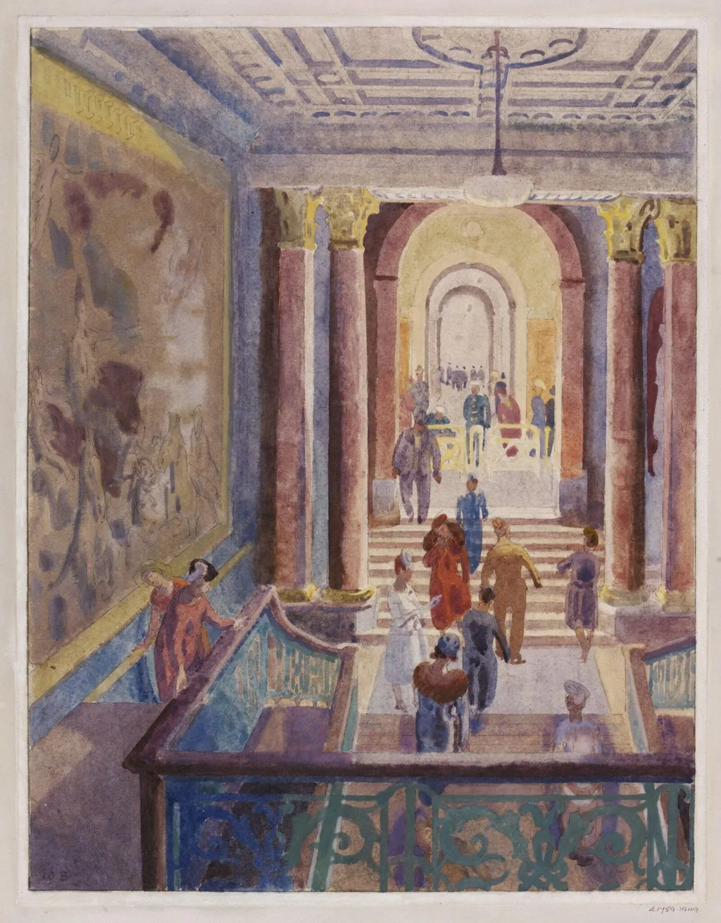 Staircase, Burlington House, by Bayes, watercolor, 1940
