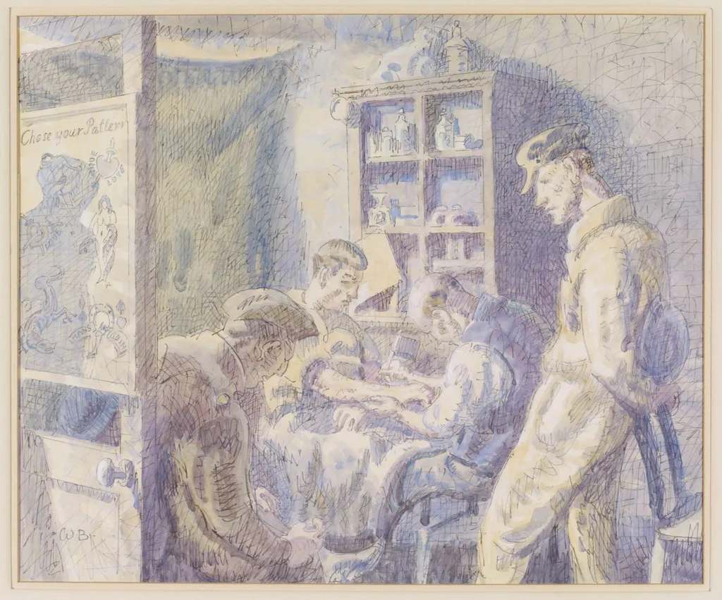 Tattooist's Parlour, Colchester, by Bayes, watercolor, 1940