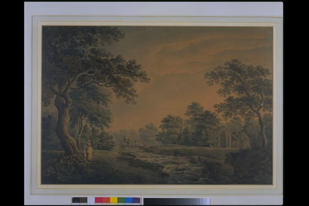 Landscape with stream and bridge, by Baynes, watercolor, 1790