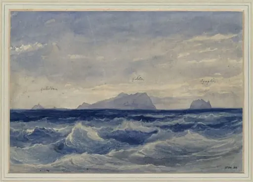 The islands of Galita, Galitona and Aguglia, off the coast of Tunis, by Andrew Nicholl, watercolor, 1850