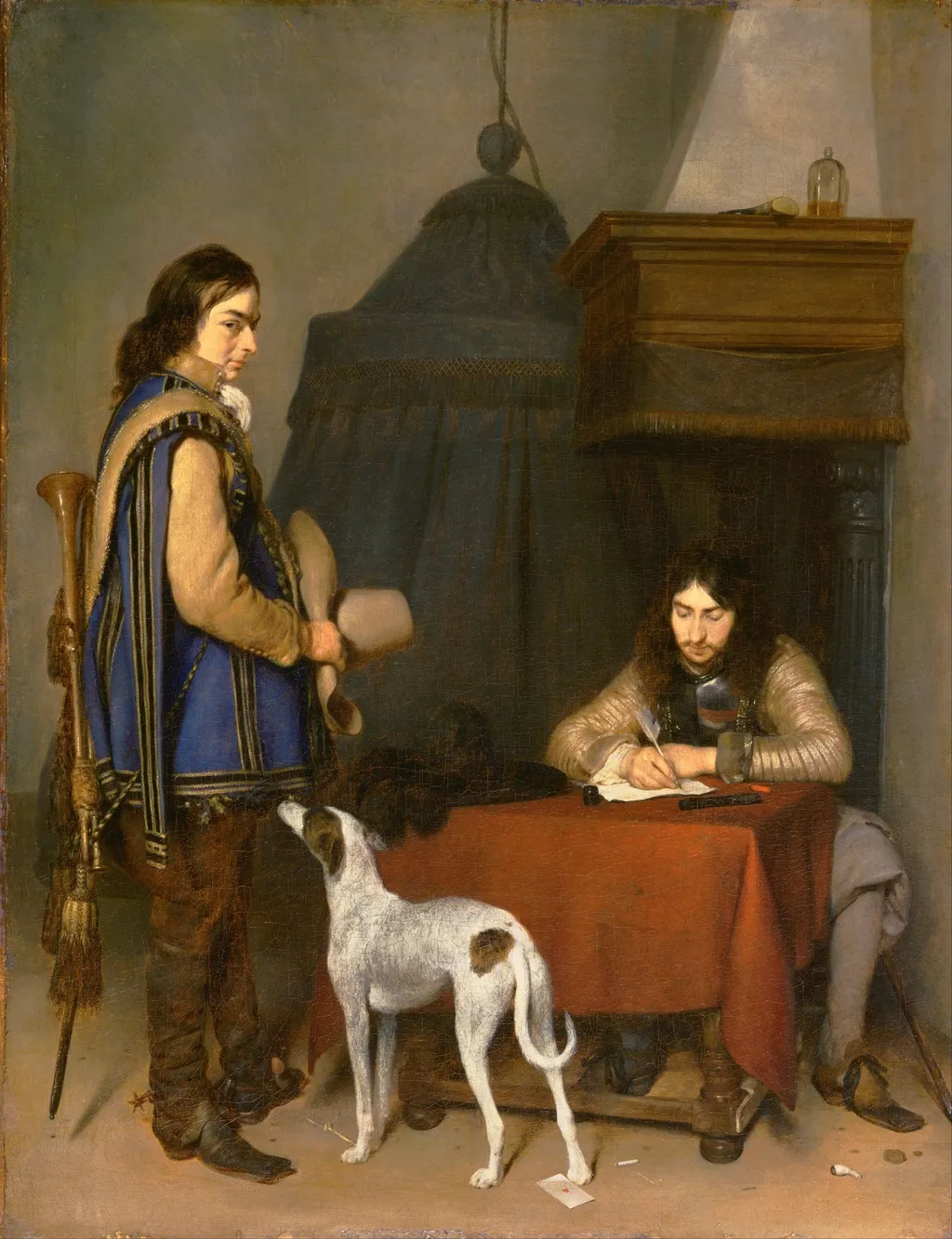 Officer Writing a Letter, with a Trumpeter and a Dog, by Gerard ter Borch, oil, 1658