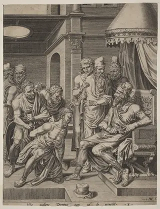 The Unmerciful Servant Brought before the King, by Dirck Volckertz Coornhert, ink, 1554
