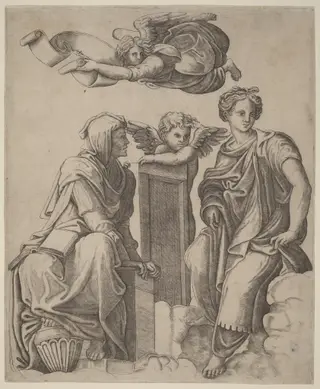 Two Sibyls and an Angel, by Giovanni Antonio da Brescia, ink, 1522