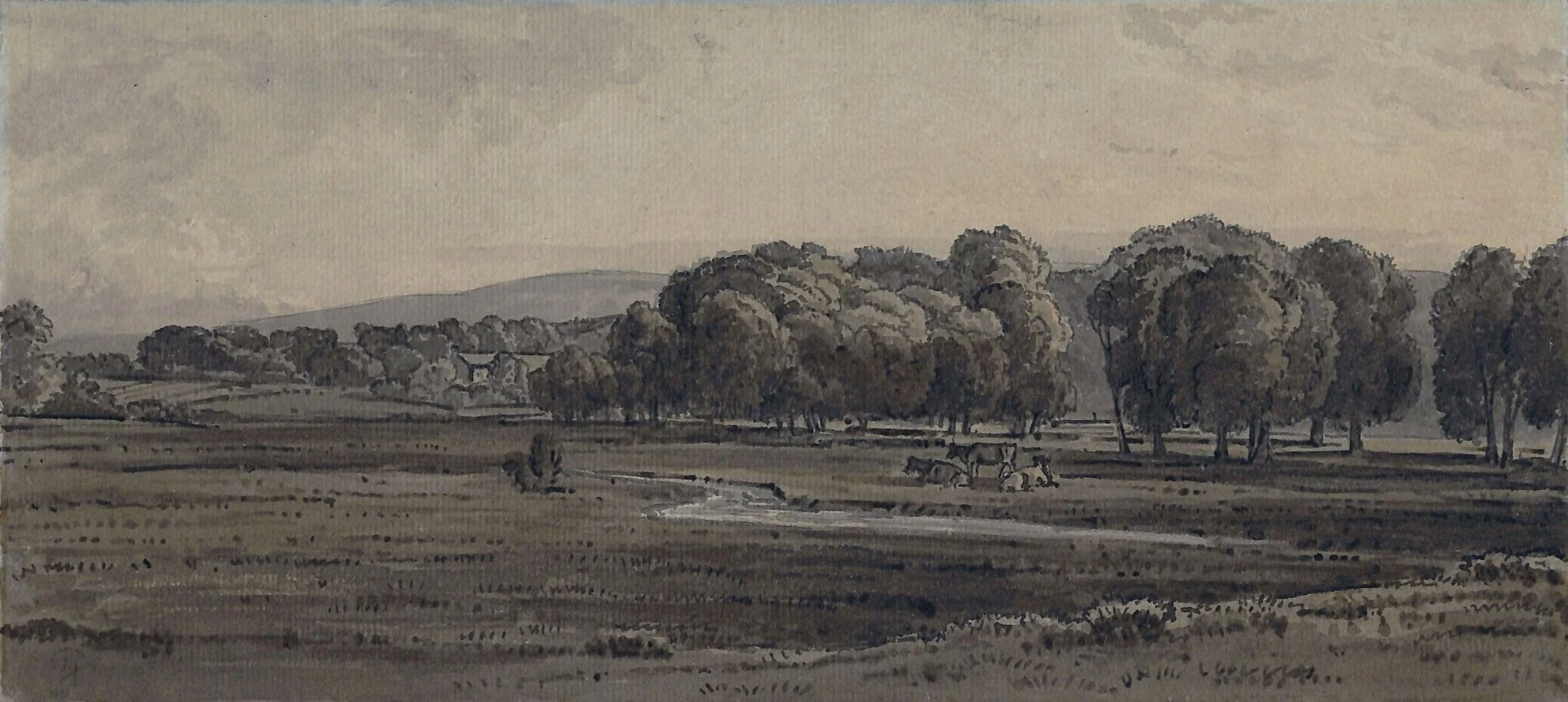 Landscape, with meadow and stream, detail