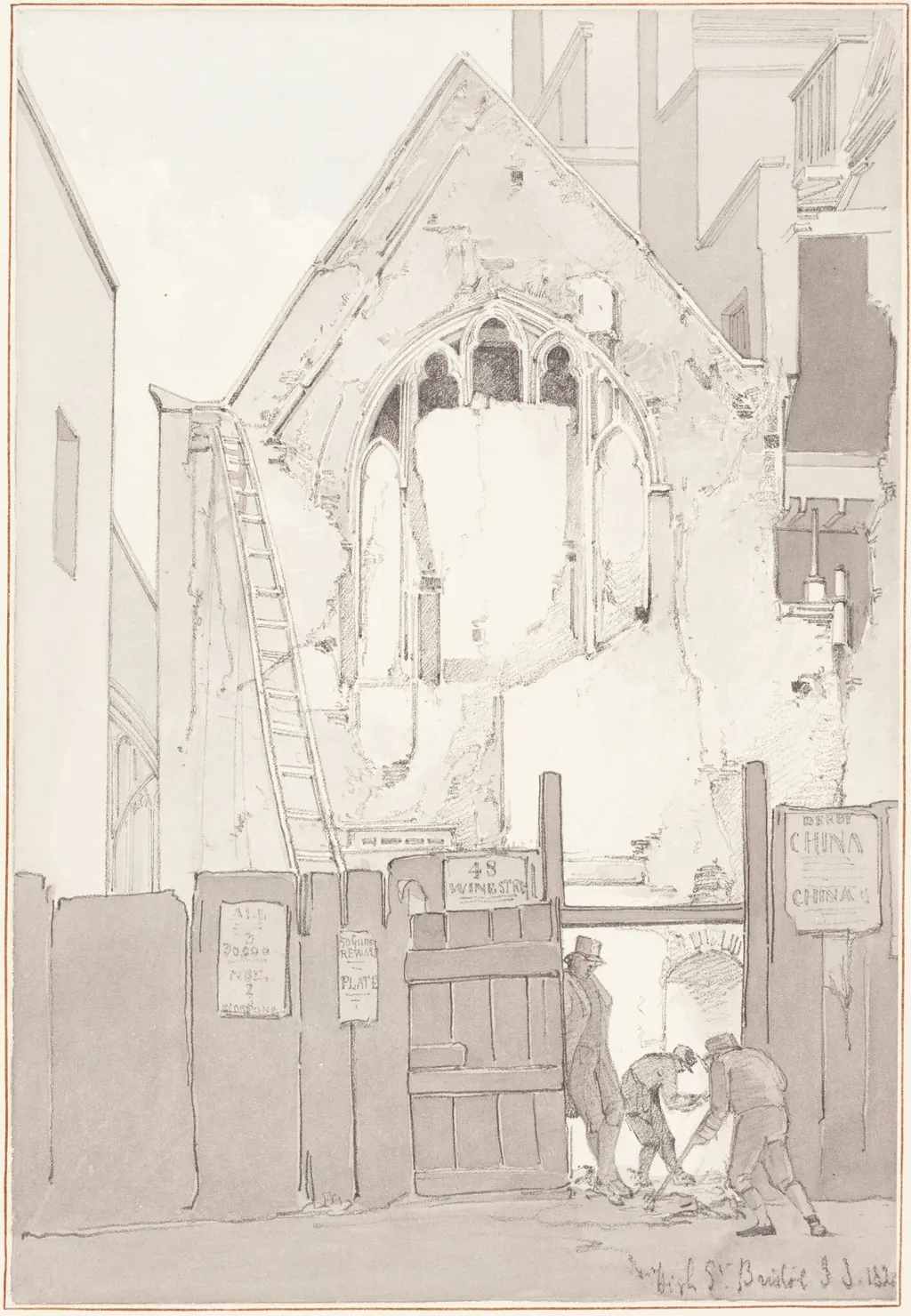 The Discovery of an East Window of All Saints’ Church, behind High Street, Bristol, by James Johnson, graphite, 1821