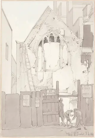 The Discovery of an East Window of All Saints’ Church, behind High Street, Bristol, by James Johnson, graphite, 1821
