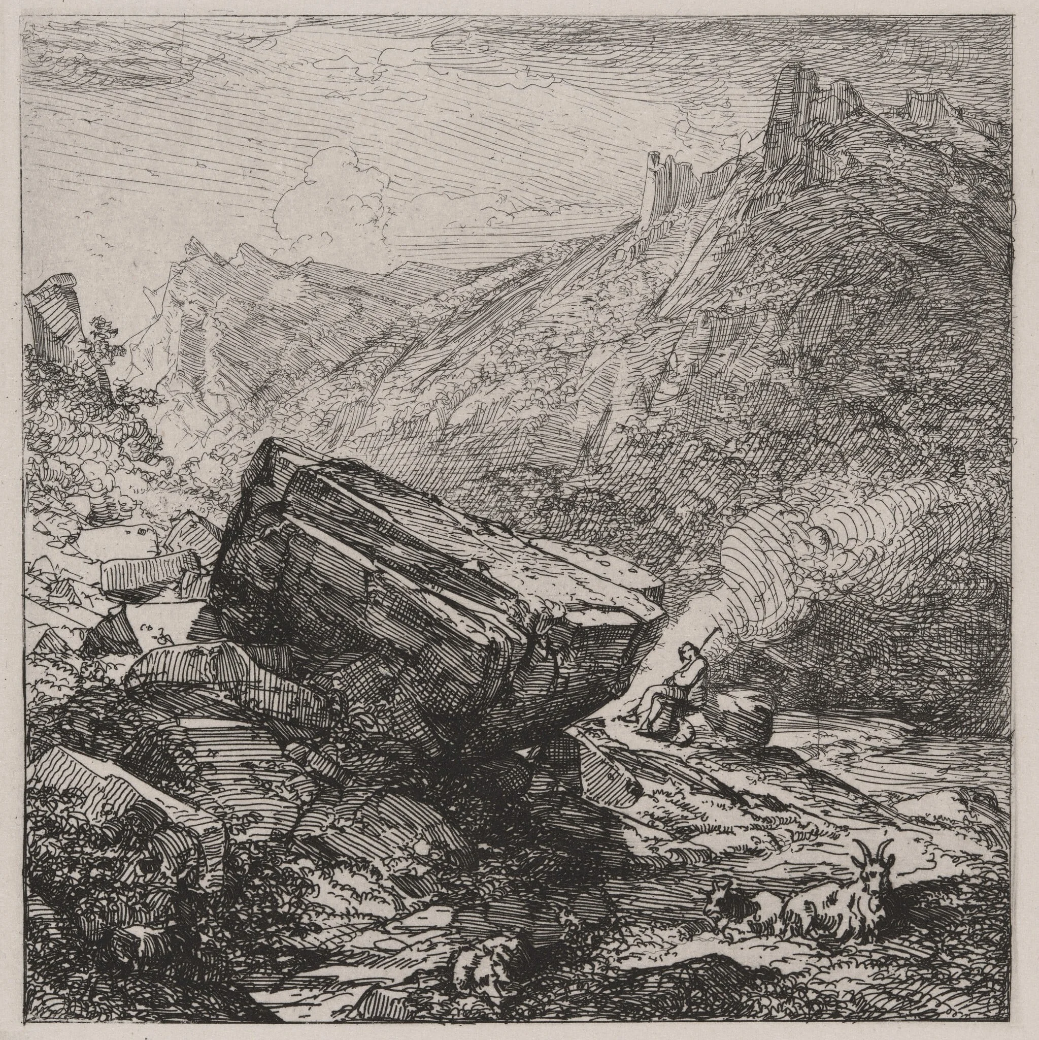Boulder with a Shepherd and Goats, detail