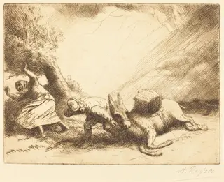 Donkey Upset by Storm (L'ane renverse par la foudre), by Alphonse Legros, ink, 1874