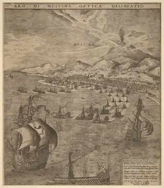 Naval Battle in the Straits of Messina, by Frans Huys, ink, 1561