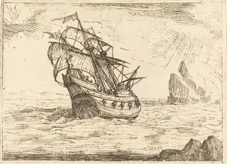 Ship Navigating Near Rocks, by Jacques Callot, ink, 1628