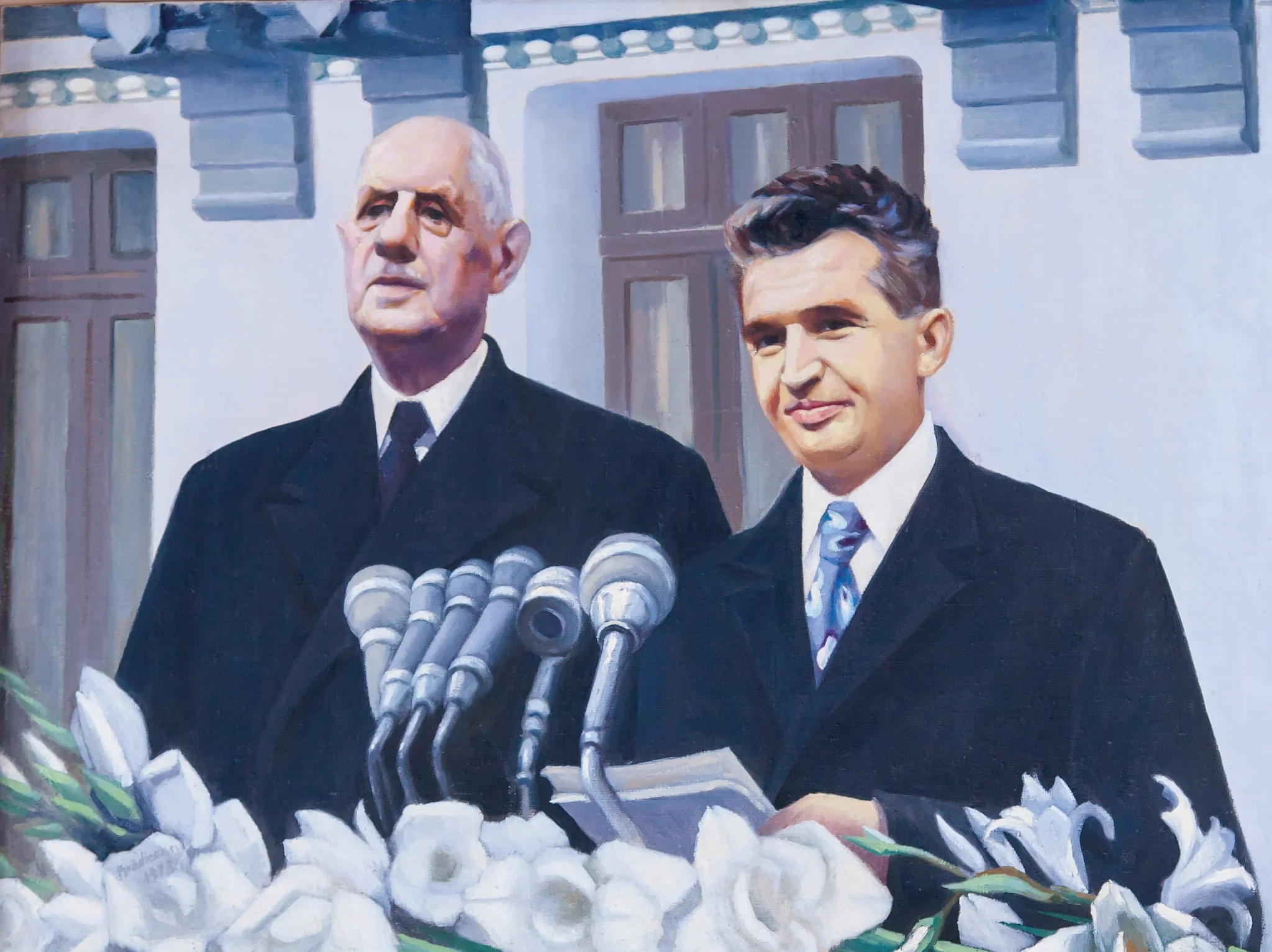 Tablou, ulei pe pânză, Nicolae Ceaușescu și Charles de Gaulle la o adunare populară în Piața Unirii din Craiova, nesemnat, nedatat. Tablou realizat în urma vizitei generalului du Gaulle în România din mai 1968. A fost prima vizită a unui conducător de stat din Occident în România după 1945. Oferit lui Nicolae Ceaușescu în 1973., detail