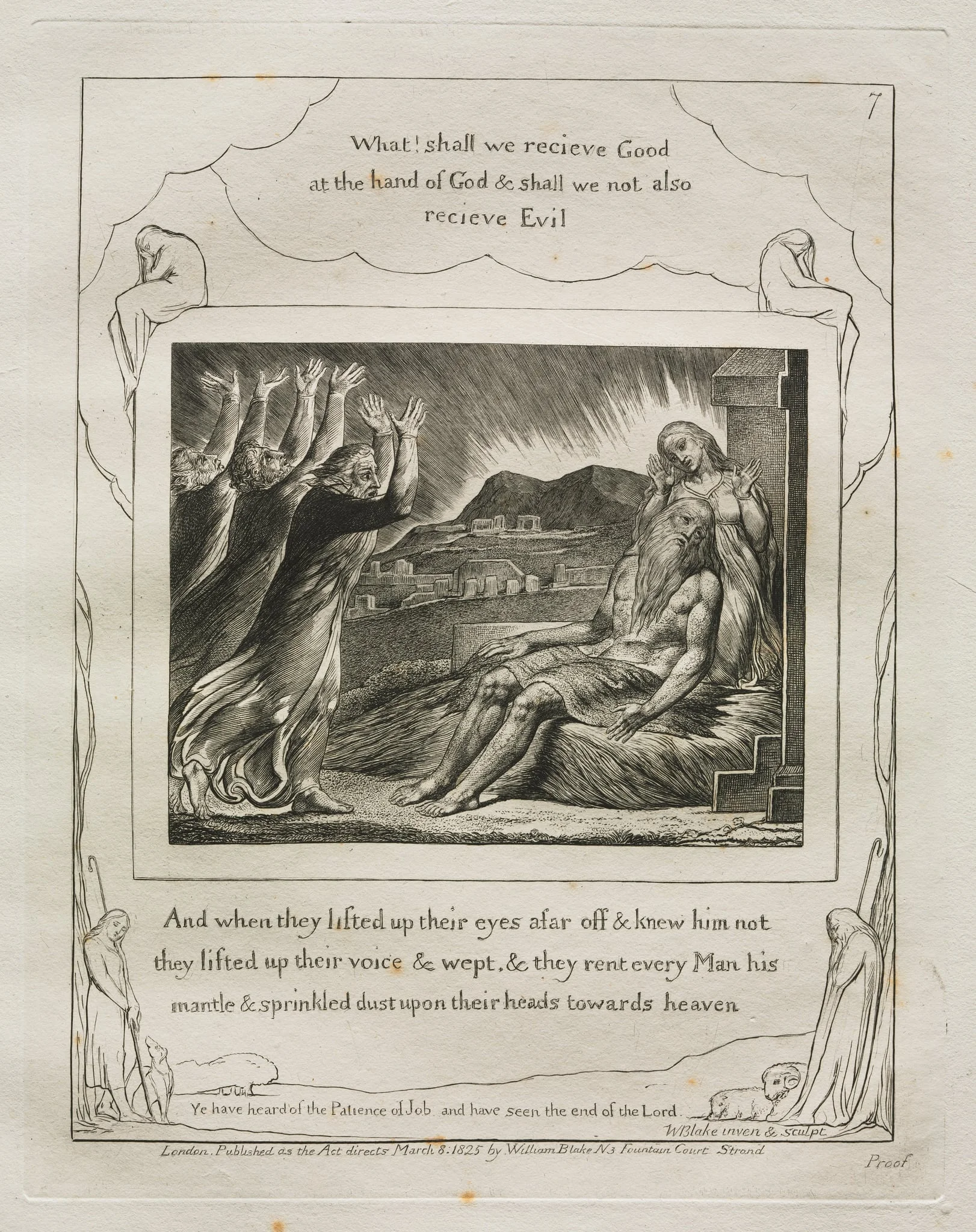 The Book of Job: Pl. 7, And when they lifted up their eyes afar off and knew him not, detail