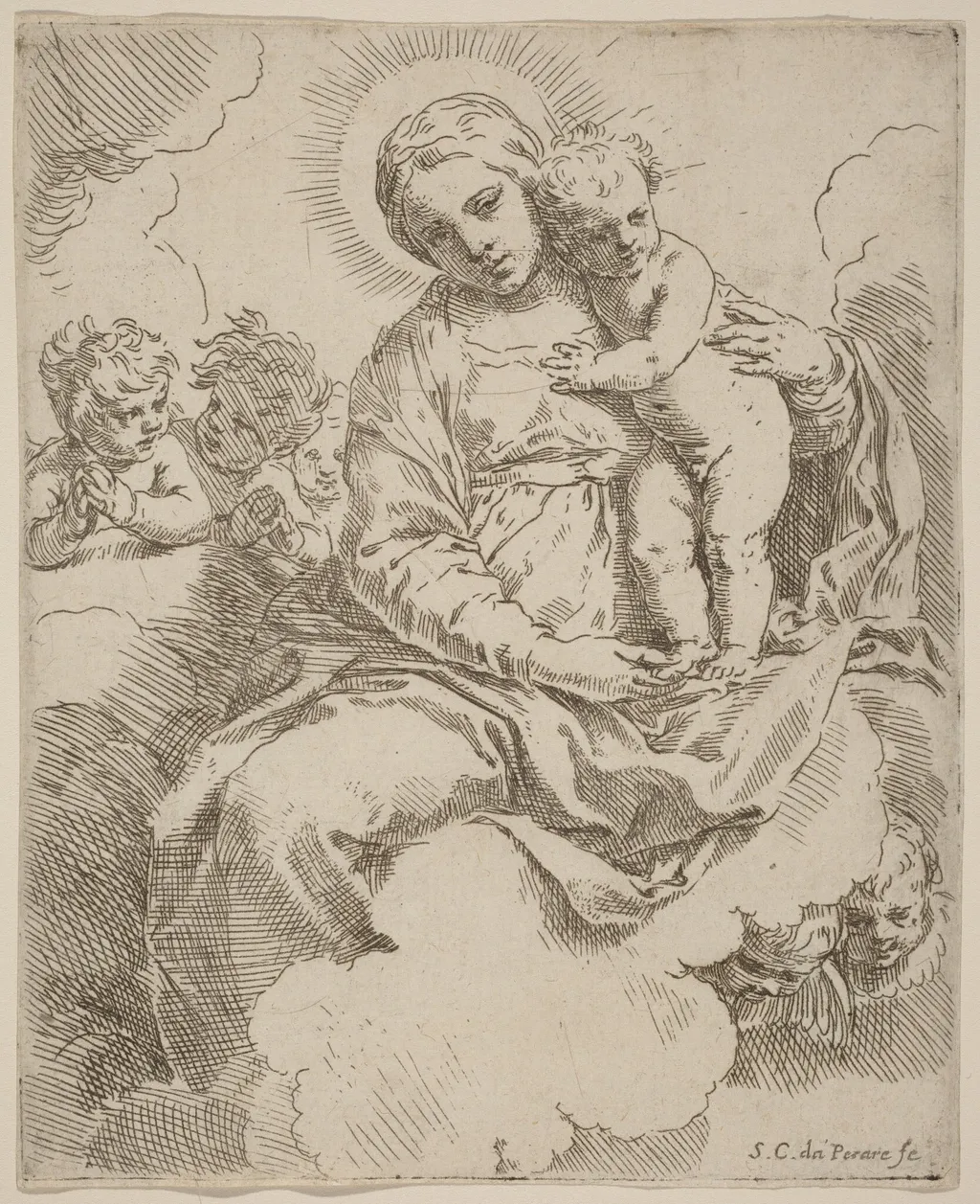 The Virgin and Child, by Simone Cantarini, ink, 1630