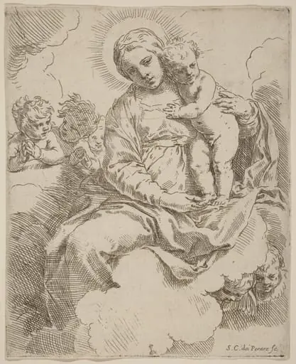 The Virgin and Child, by Simone Cantarini, ink, 1630