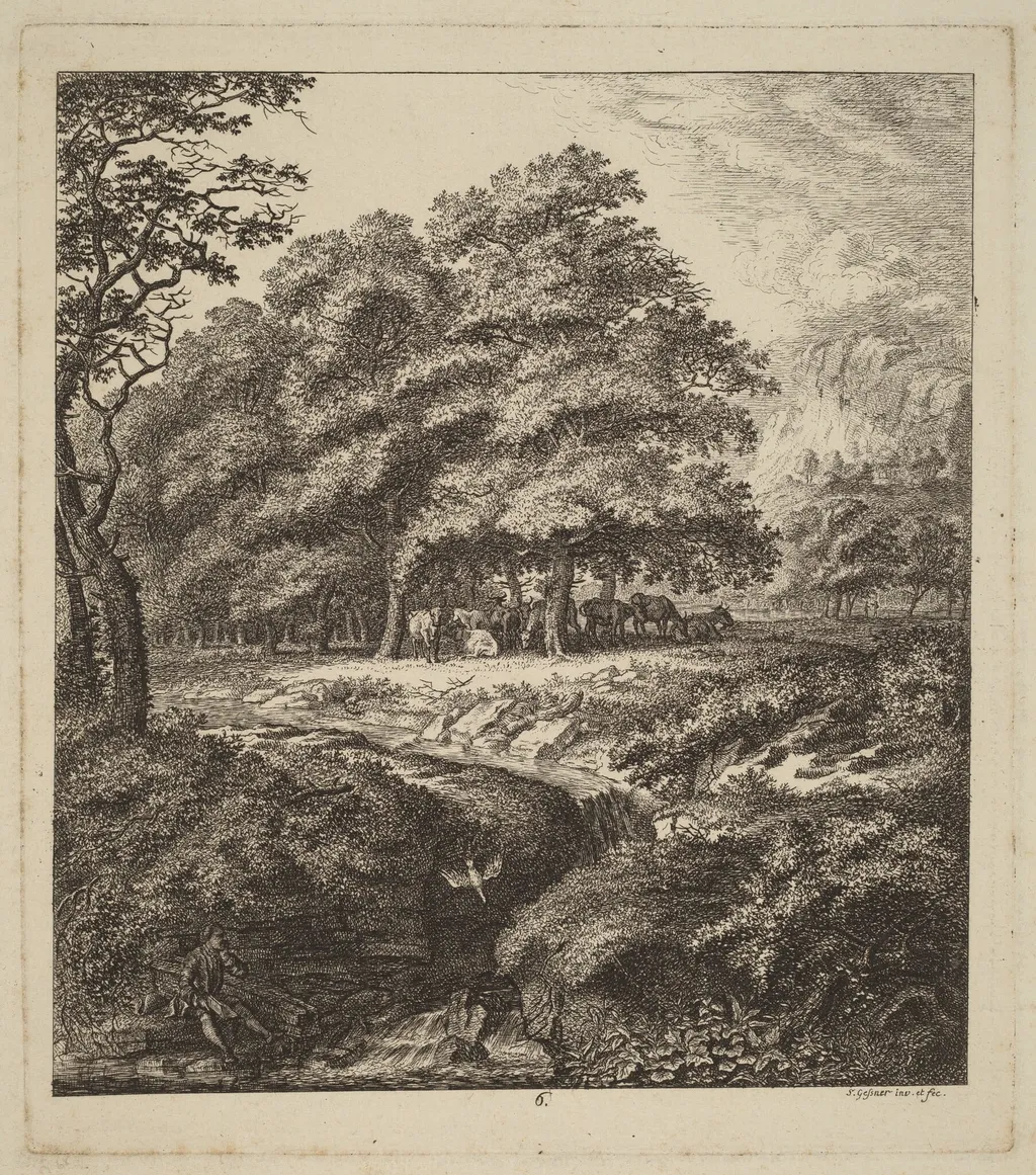 Cattle Resting in a Grove with a Man Seated beside a Brook, by Salomon Gessner, ink, 1764