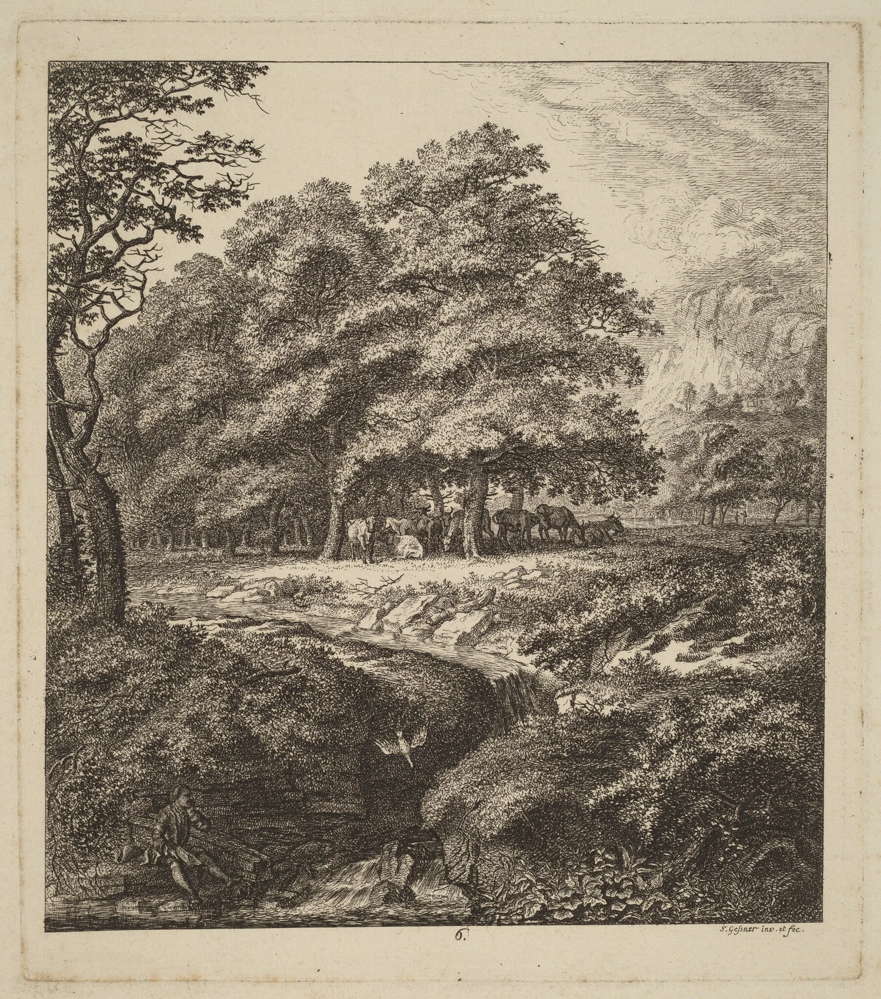 Cattle Resting in a Grove with a Man Seated beside a Brook, detail