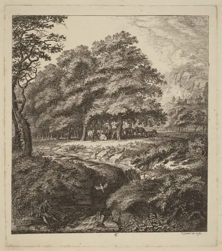 Cattle Resting in a Grove with a Man Seated beside a Brook, by Salomon Gessner, ink, 1764