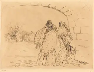 La rencontre sous la voute (1ère planche) (The Meeting under the Arch) (first plate), by Jean-Louis Forain, ink, 1910