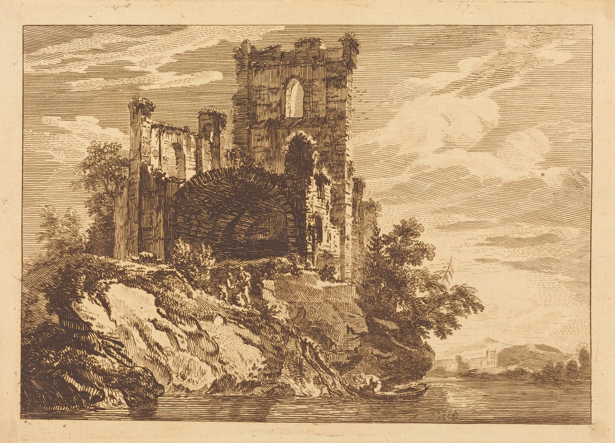 Ruins by a River with a Man in a Boat, detail