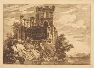 Ruins by a River with a Man in a Boat, by Paul Sandby, ink, 1758