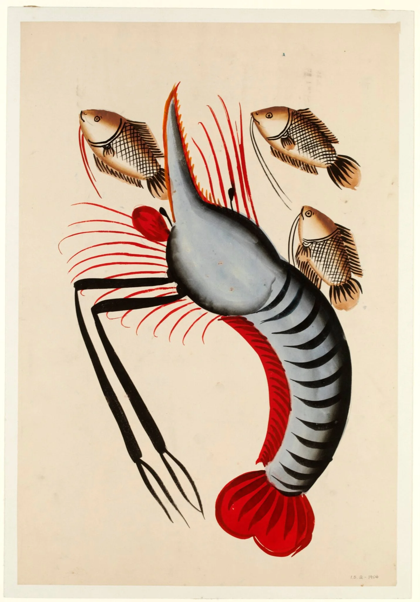 Prawn with three fishes, detail