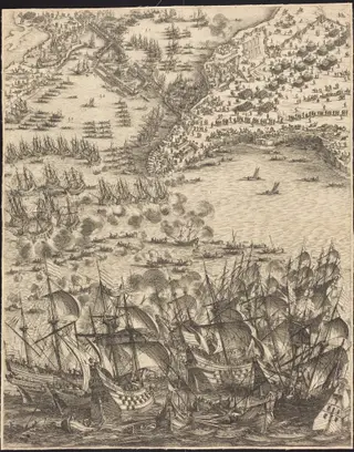The Siege of La Rochelle [plate 11 of 16; set comprises 1952.8.97-112], by Jacques Callot, ink, 1630