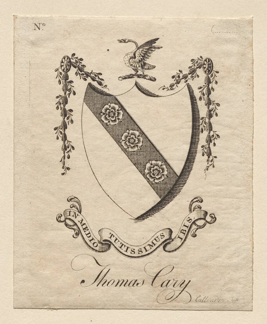 Bookplate:  Coat of Arms with Thomas Cary inscribed below, by Joseph Callender, 1796