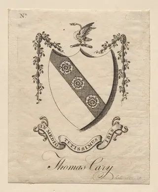 Bookplate:  Coat of Arms with Thomas Cary inscribed below, by Joseph Callender, 1796