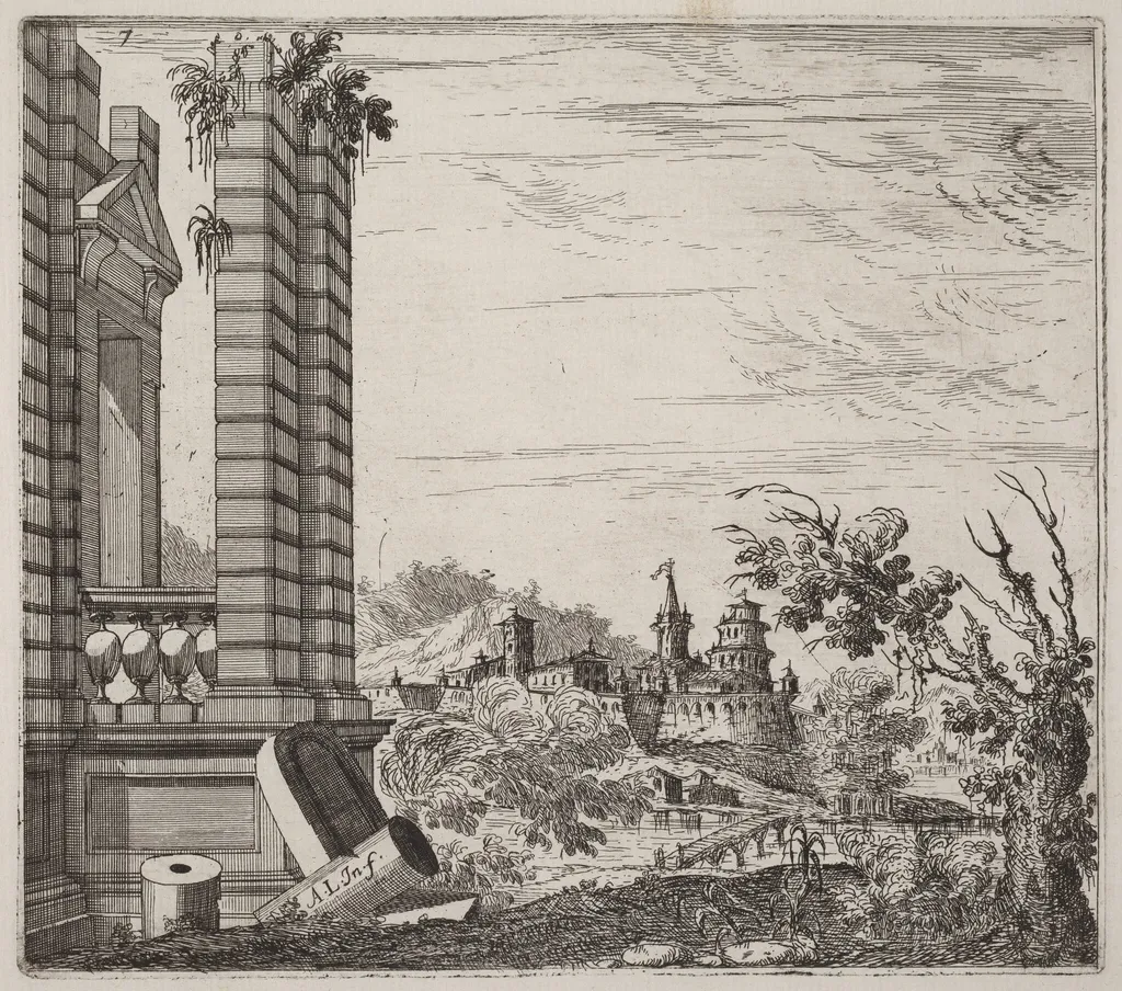 Fantastic River Landscape with Ruins and a Castle, by Giuseppe Antonio Landi, ink, 1753
