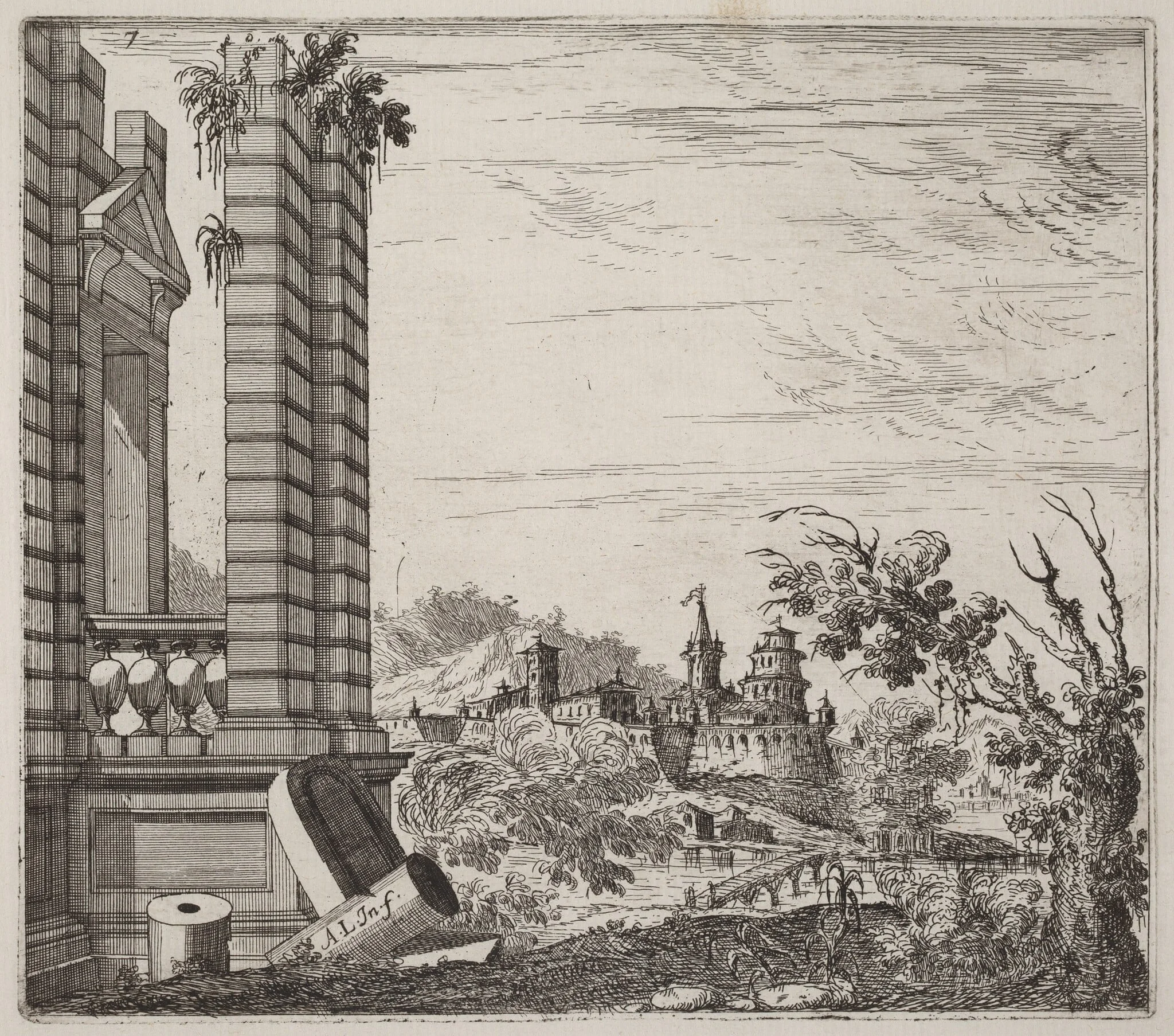 Fantastic River Landscape with Ruins and a Castle, detail