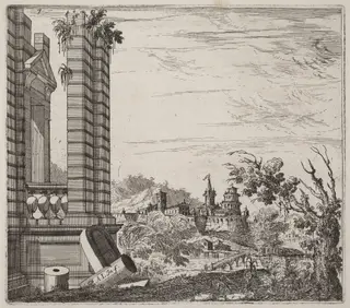 Fantastic River Landscape with Ruins and a Castle, by Giuseppe Antonio Landi, ink, 1753