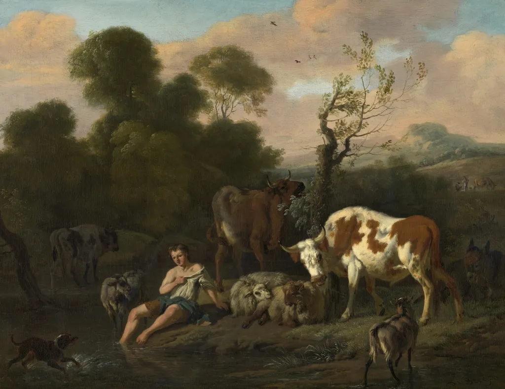 Landscape with a Shepherd, by Dirck van der Bergen, oil, 1682