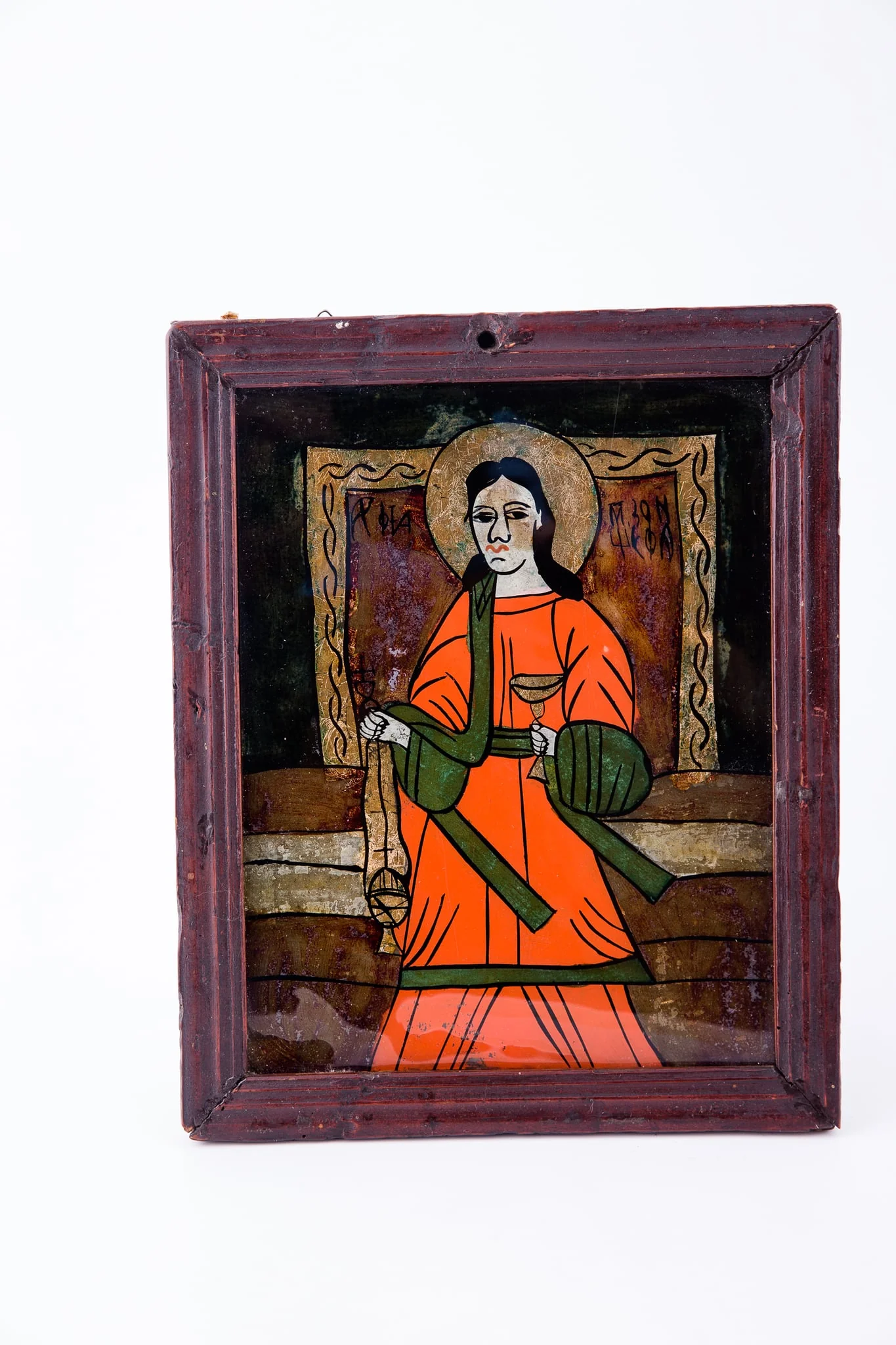 Sfântul Arhidiacon Ștefan a fost unul dintre ucenicii, care Îl urmau pe Mântuitorul Iisus Hristos și unul dintre cei șapte bărbați plini de Duhul Sfânt și de înțelepciune. Este primul martir, primul om ucis cu pietre, pentru că a mărturisit credința în Domnul Iisus Hristos. Sfântul Ștefan alungă boala din casă și vrajba dintre creștini. Sfântul Ștefan este îmbrăcat în veșminte liturgice de arhidiacon, de culoare roșu vermillon și verde. În mâna stângă ține Potirul și cu mâna dreaptă cădește cu cădelnița. În registrul îndepărtat este chenarul geometrizant al unei încadrări, asemenea unei uși diaconești stilizate. Sfântul Ștefan este surprins ieșind din altar pentru a sluji cădind în biserică. Potirul și cădelnița sunt aurite cu foiță. Inscripția: arhidiacon Ștefan. Icoana este din nordul Transilvaniei, de la centrul Mănăstirea Nicula. Desenul este mai simplu, cromatica mai săracă, dar foarte armonioasă: roșu vermillon, brunuri, verde, negru, alb, auriu., detail