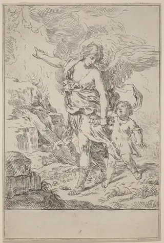 The Guardian Angel, by Simone Cantarini, ink, 1600