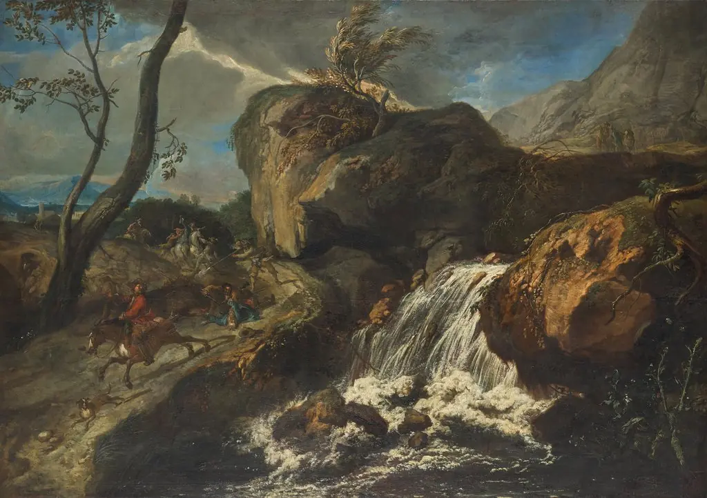 Landschaft mit Überfall, by Anton Faistenberger, oil, 1700