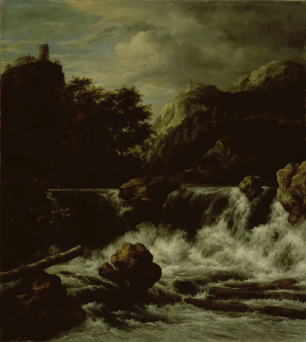 Mountainous landscape with waterfall, by Jacob van Ruisdael, oil, 1660