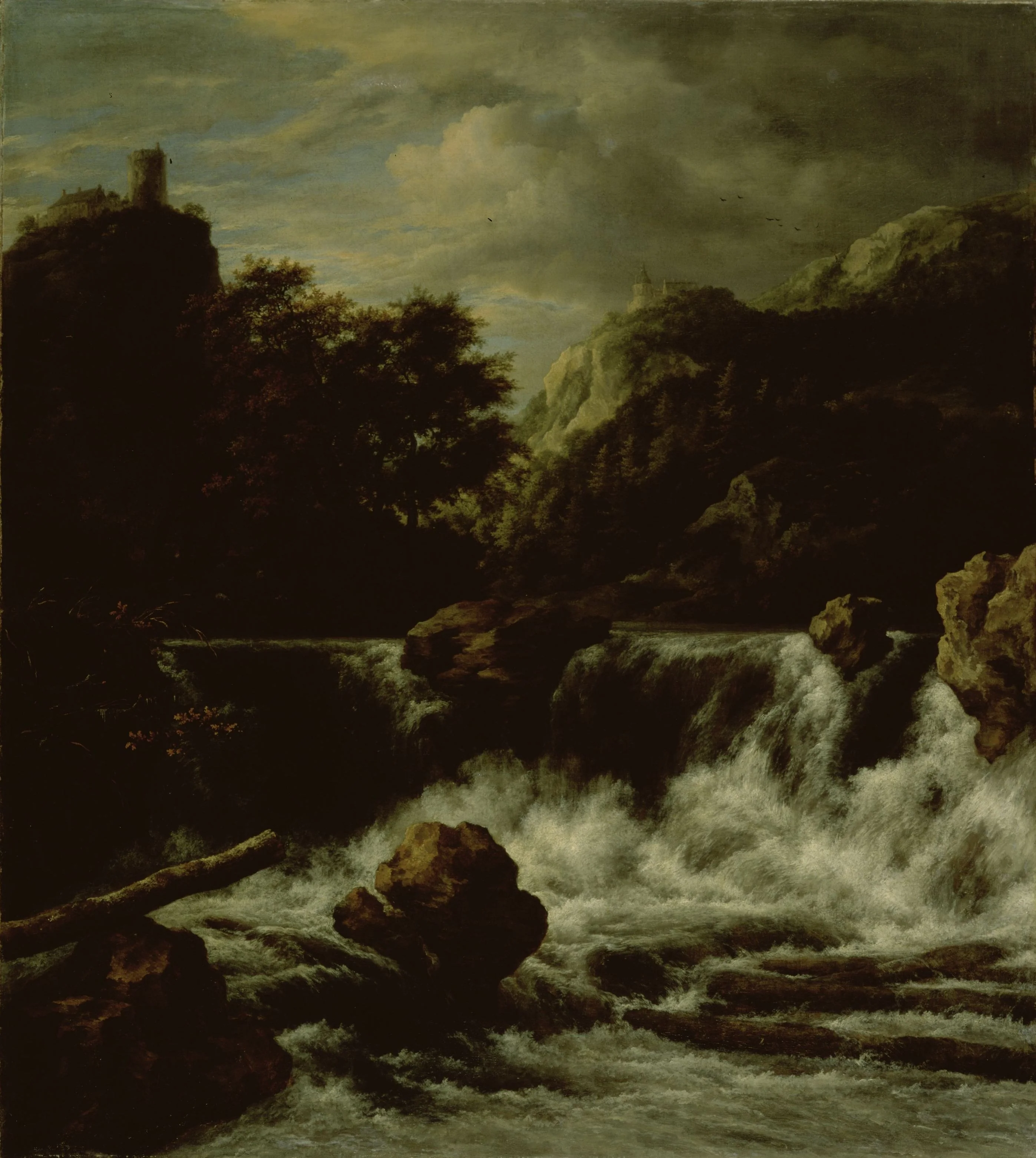 Mountainous landscape with waterfall, detail