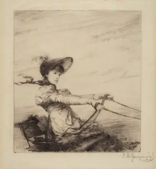 Untitled (Woman Driving Carriage), by Ignaz Marcel Gaugengigl, ink, 1884