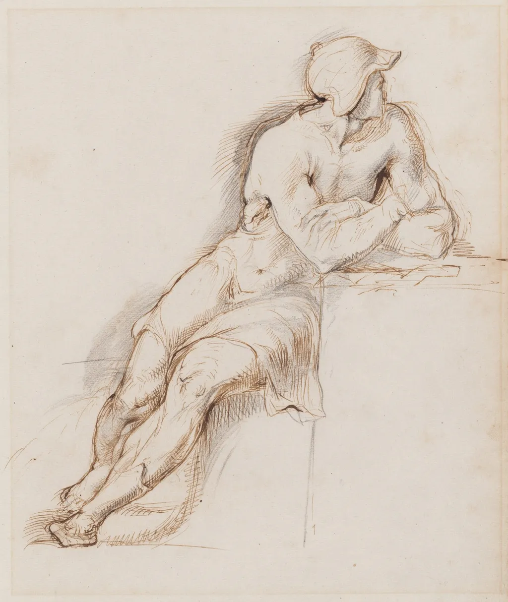 Study of a Seated Man Wearing a Helmet, by George Richmond, graphite, 1827