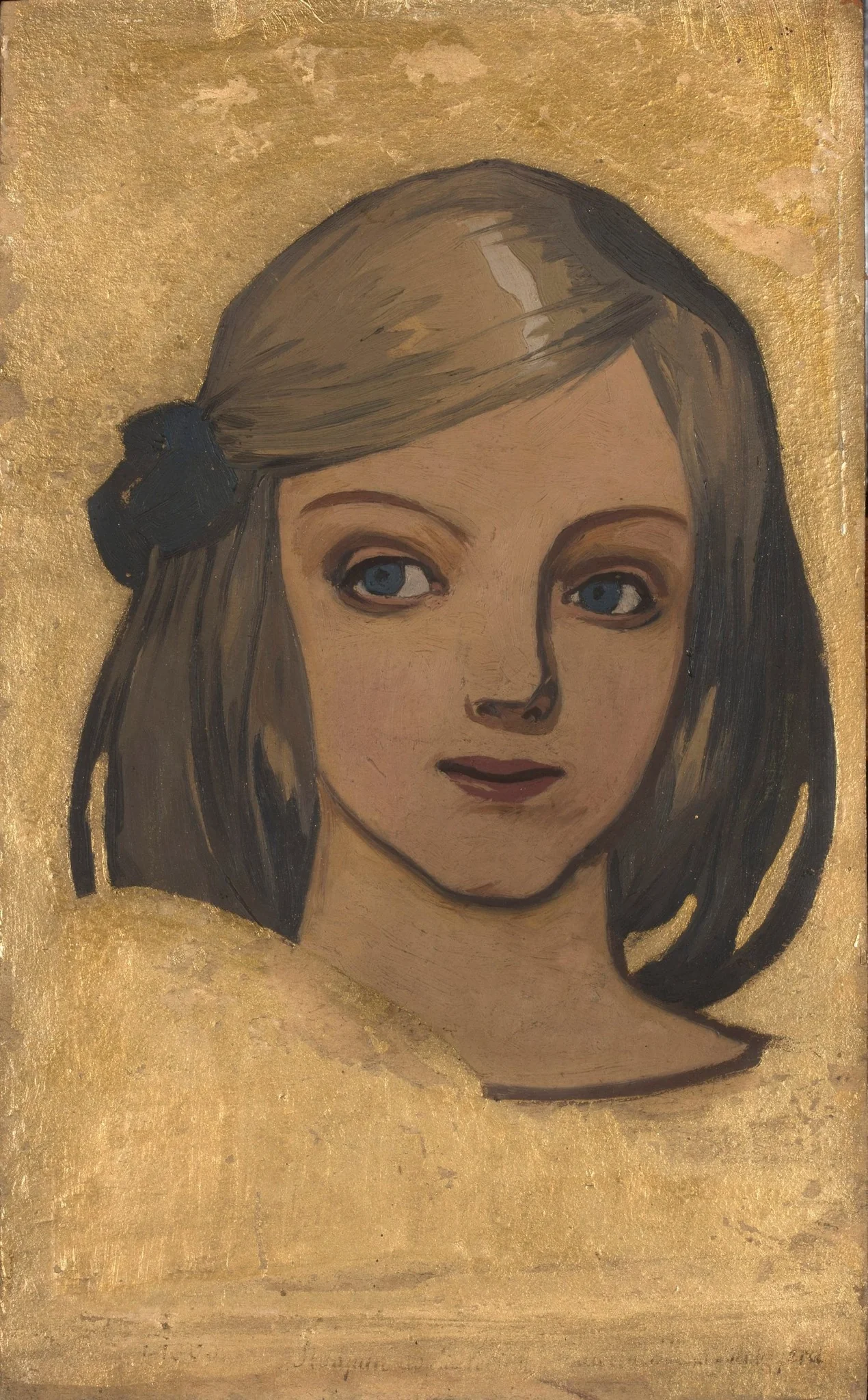 Head of a girl against gold background, detail