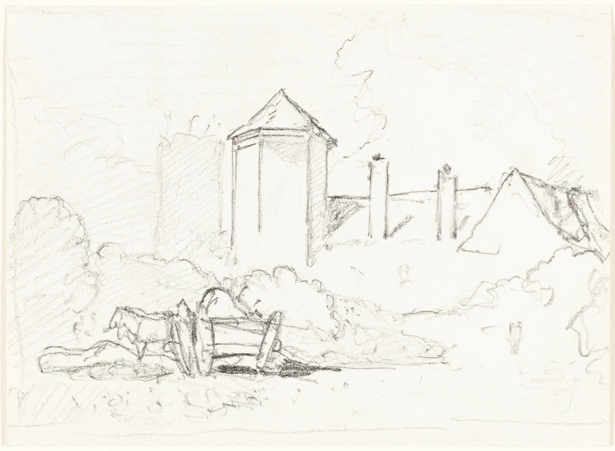 Sketch of Buildings with Cart and Horses in Foreground, detail