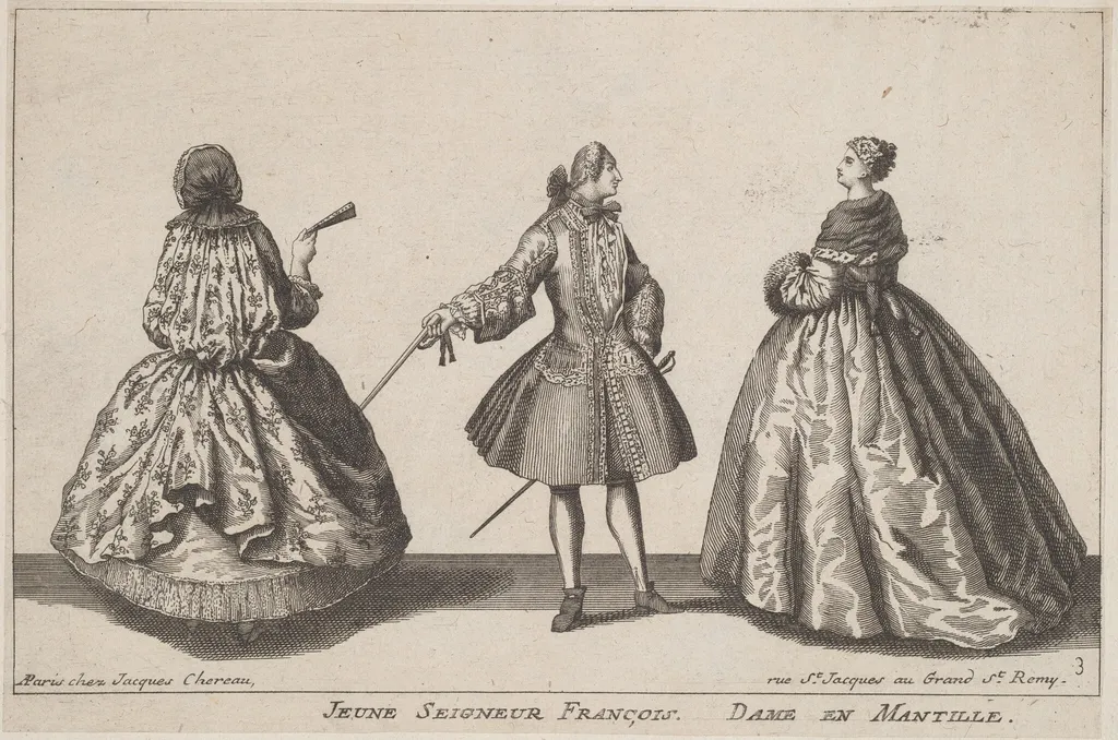 Jeune Seigneur François/Dame en Mantille, by Jacques Chéreau, ink, 1724