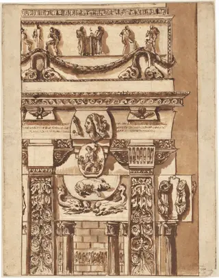 Fantasy of a Façade with Bizarre Ornaments, by Giovanni Battista Piranesi, chalk, 1765