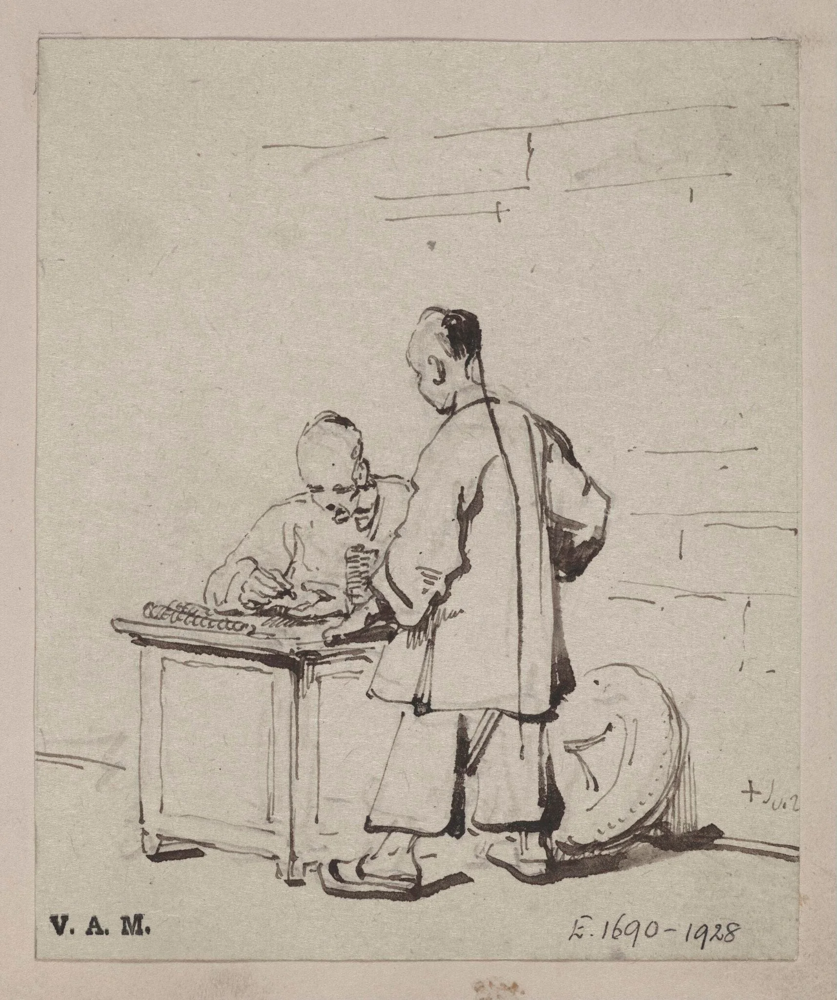 AA Chinese moneychanger seated at a table, with a standing figure, detail