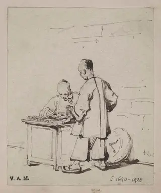 AA Chinese moneychanger seated at a table, with a standing figure, by George Chinnery, 19