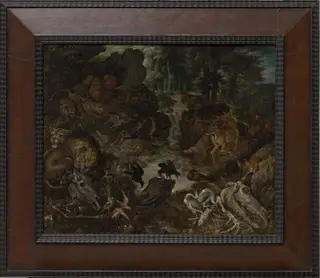 Lions and Fox in a Rugged Landscape, by Roelant Savery, unspecified, 1606