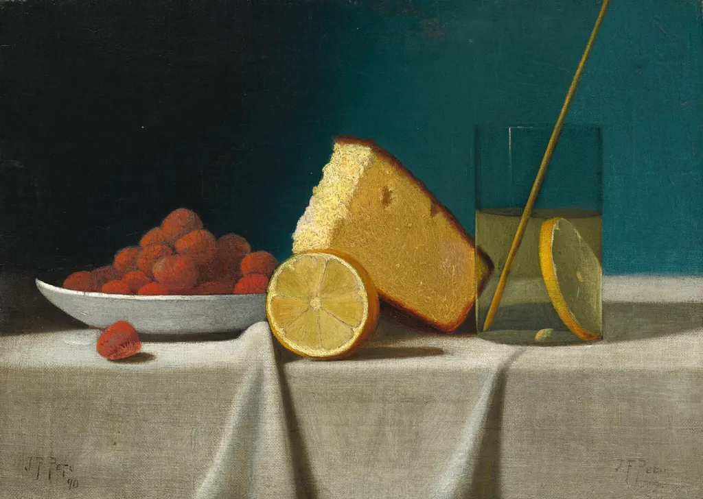 Still Life with Cake, Lemon, Strawberries, and Glass, by John Frederick Peto, oil, 1890