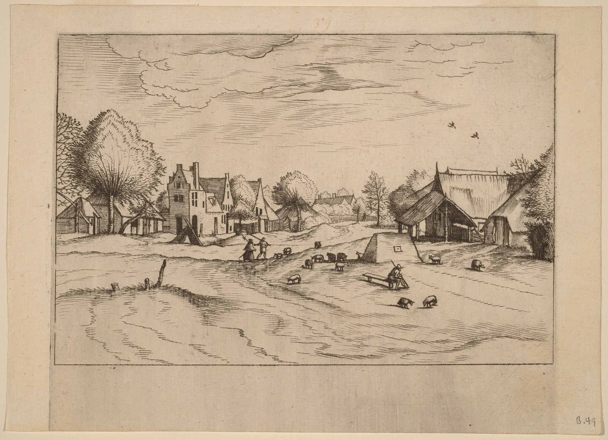 Country Village with Sheep and Sitting Shepherd, detail