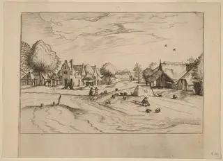Country Village with Sheep and Sitting Shepherd, by Lucas van Doetechum, ink, 1560